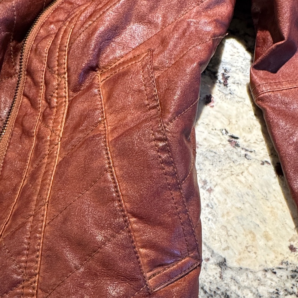 GUESS Women's Rust Brown Faux Leather Moto Jacket - Picture 10 of 13